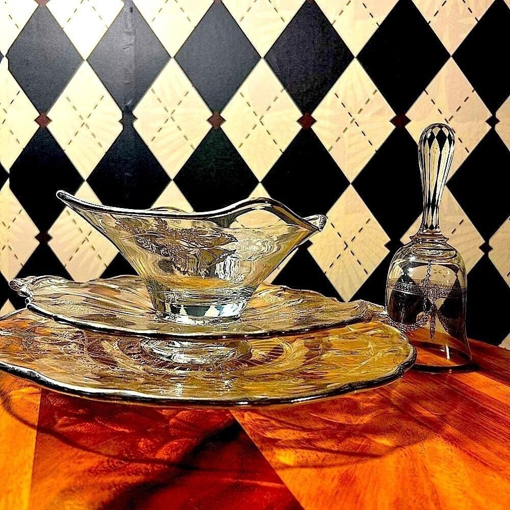 Vintage Silver Inlay Glassware Set | Bell, Serving Plate, Bowl & Tray - Picture 9 of 9